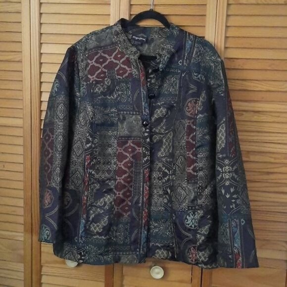 Maggie Barnes Tapestry Patch Quilt Print Long Sleeve Marderin Collar Blazer 2X - Picture 1 of 11
